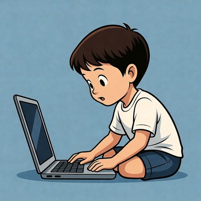 Boy using laptop on floor