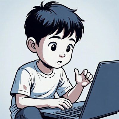 Surprised Asian boy using laptop