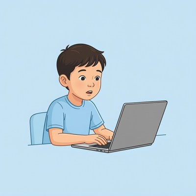 Boy typing on laptop illustration