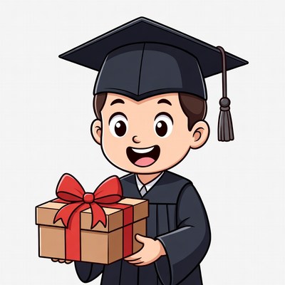 Boy in graduation gown holding gift