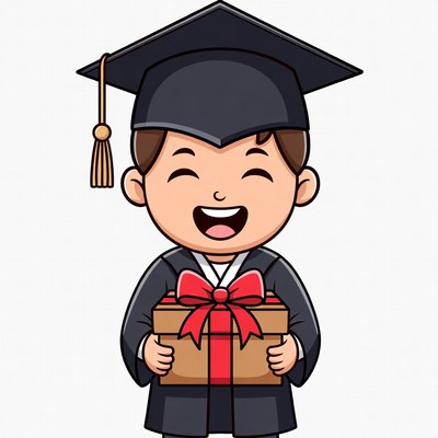 Boy in graduation cap holding gift box