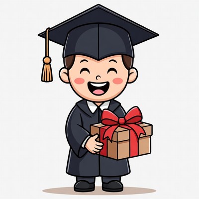 Boy in graduation gown holding gift