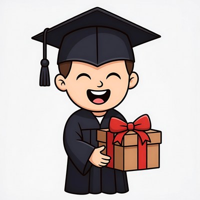 Boy in graduation gown holding gift