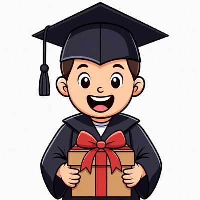 Boy in graduation gown holding gift box
