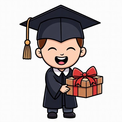 Boy in graduation gown holding gift