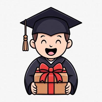 Happy boy graduate holding gift box