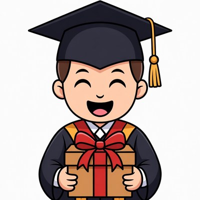 Boy in graduation gown holding gift box