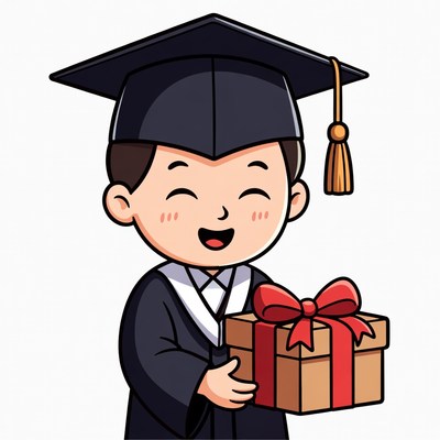 Happy Asian boy graduate holding gift box