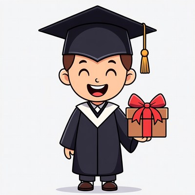 Boy in graduation cap holding gift