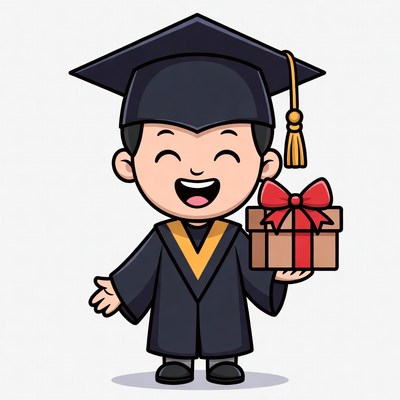 Cartoon boy graduate holding gift box