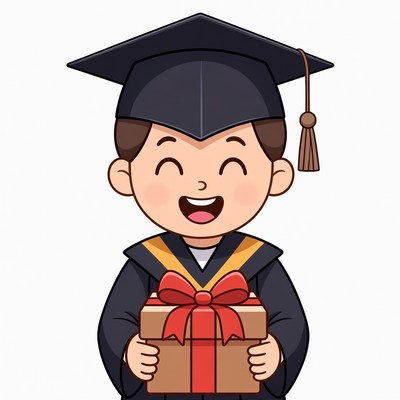 Boy in graduation gown holding gift box