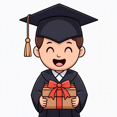 Boy in graduation cap holding gift