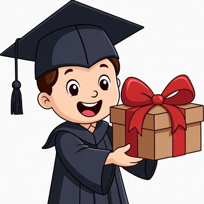 Boy in graduation gown holding gift box