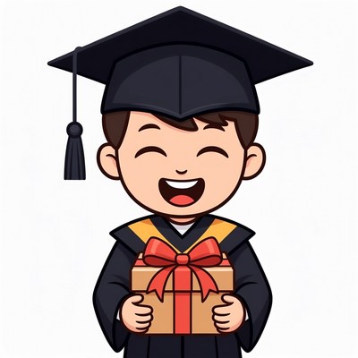 Boy in graduation gown holding gift