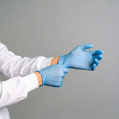 Woman putting on blue gloves