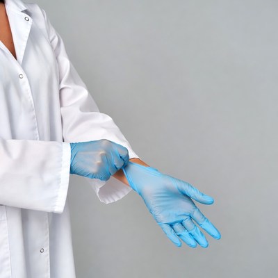 Woman putting on blue gloves
