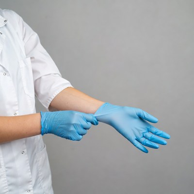 Woman putting on blue gloves