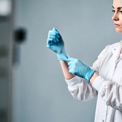 Woman putting on blue gloves