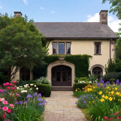 Beautiful beige house with flower garden