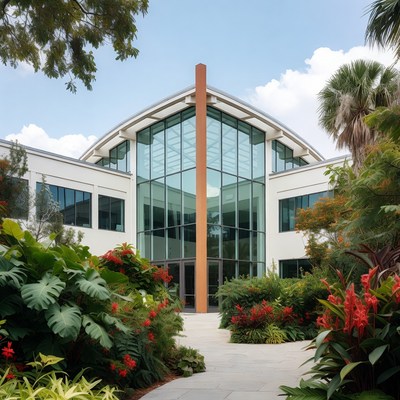 Modern glass office building with tropical plants
