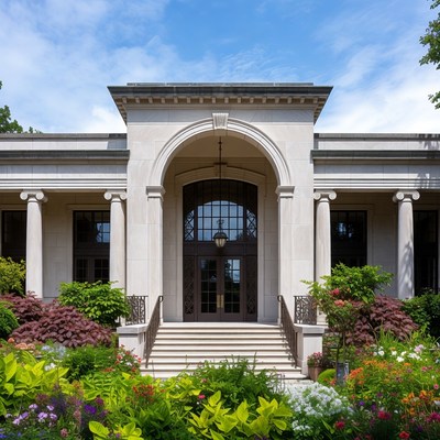 Grand Stone Mansion Entrance with Garden