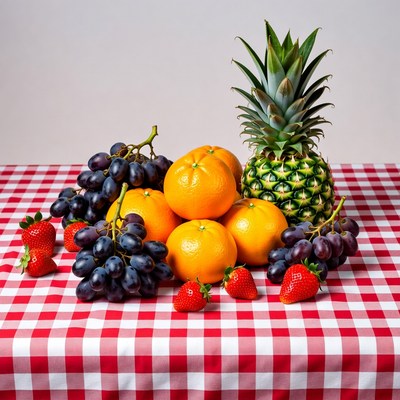 Fresh Fruit on Red Checkered Tablecloth