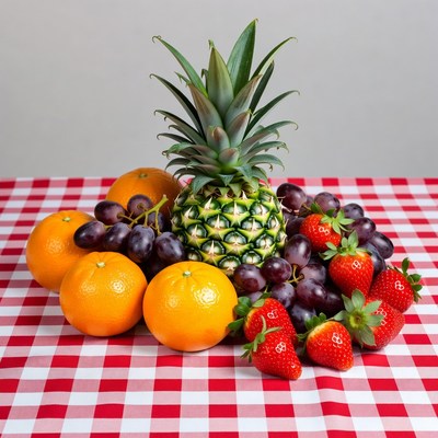 Pineapple surrounded by oranges strawberries grapes