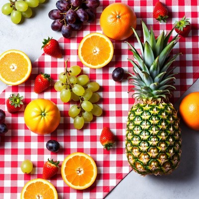 Fresh Fruits on Red Checkered Cloth