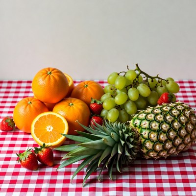 Fresh Oranges Grapes Pineapple Strawberries