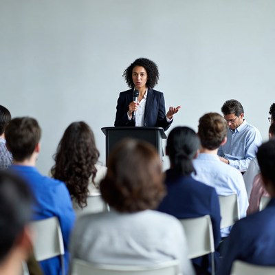 African-American woman speaking at podium