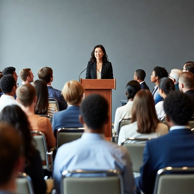 Asian woman speaking at podium
