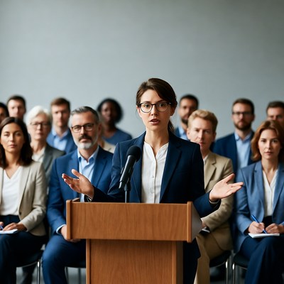 Woman speaking at podium with audience
