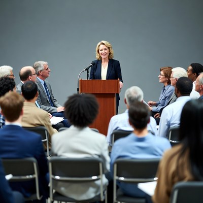 Woman speaking at podium to diverse audience