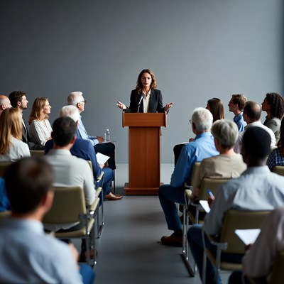 Woman speaking at business conference podium
