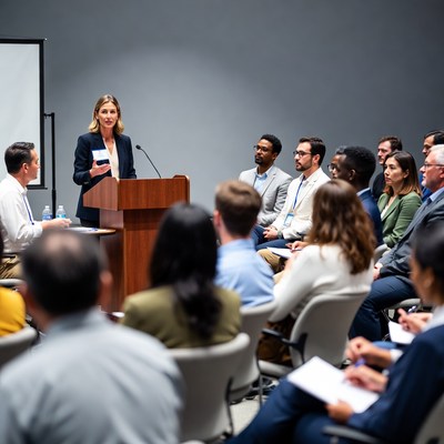 Woman speaking at business seminar