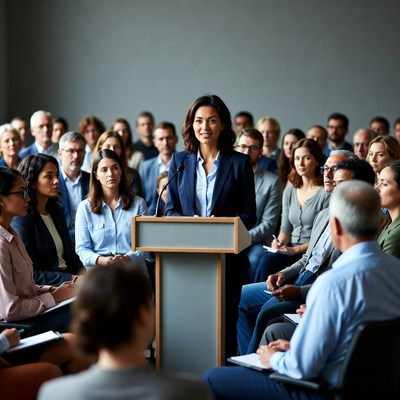 Woman speaking at business conference podium