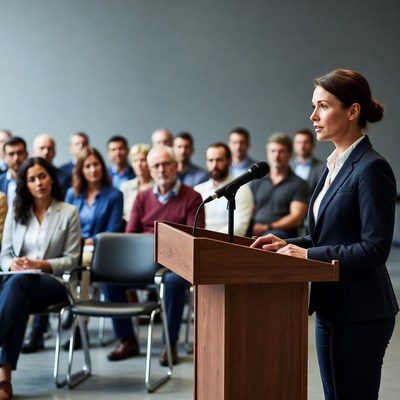 Woman speaking at podium conference