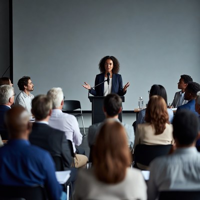 African-American woman speaking at business meeting