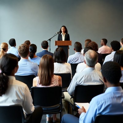 Woman speaking at podium to audience