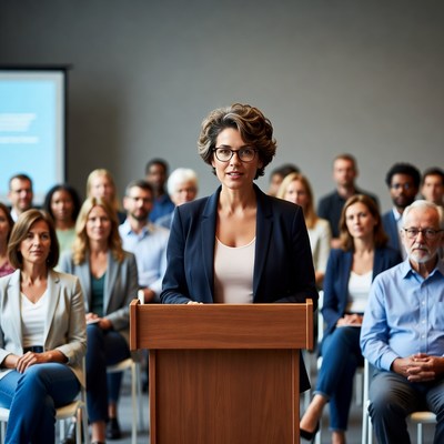 Woman speaking at podium to audience