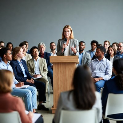 Woman speaking at business conference