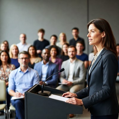 Woman speaking at podium to audience