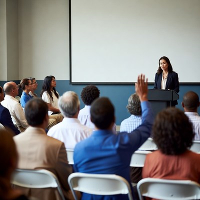 Woman speaking at business conference