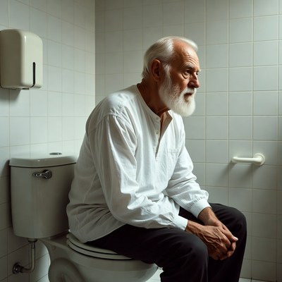 Elderly man sitting on toilet
