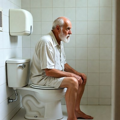 Elderly man sitting on toilet