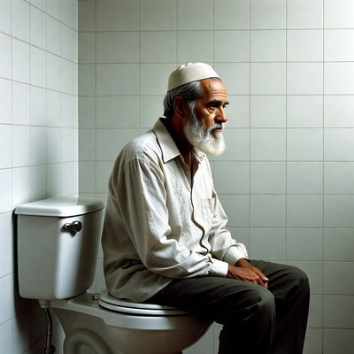 Elderly man sitting on toilet
