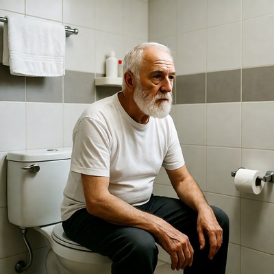 Elderly man sitting on toilet