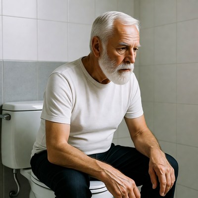 Elderly man sitting on toilet