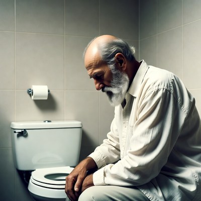 Elderly man sitting on toilet