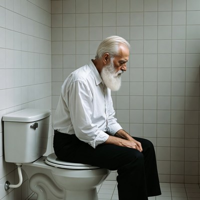 Elderly man sitting on toilet